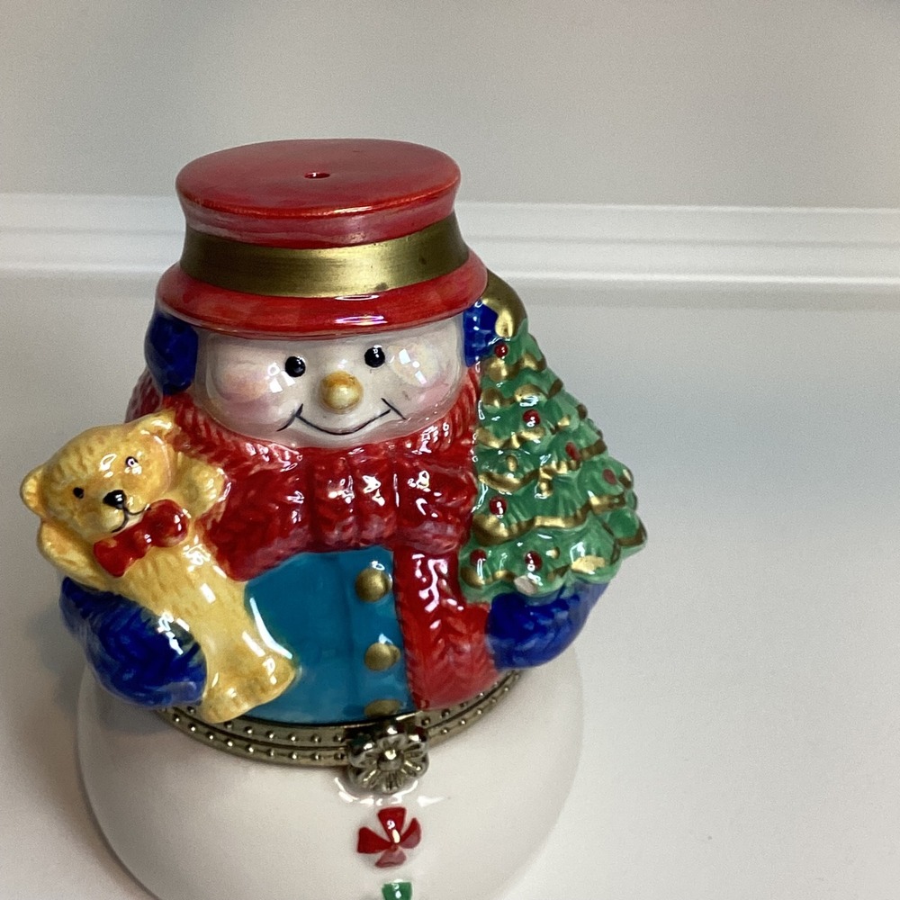 Vintage Snowman Musical Trinket Box Animated Ice Skaters Christmas Decor Ceramic